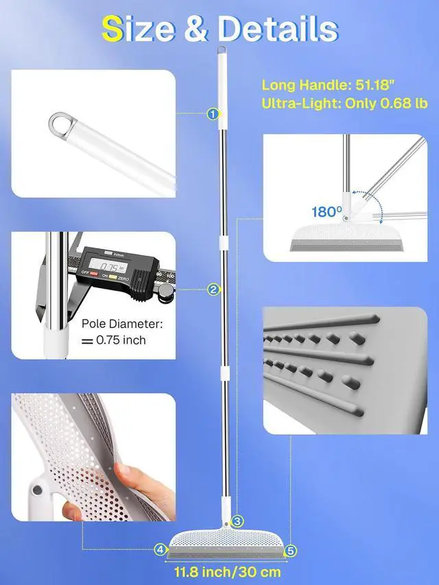 Alt view image 2 of 7 - Silicone Floor Squeegee, 180° Rotating Air Broom, Squeegee for Floor with a Long Handle, Magic Broom for Water and Pet Hair Removal on Bathroom Floors, Tile, Deck and Glass, Indoor Cleaning Tool