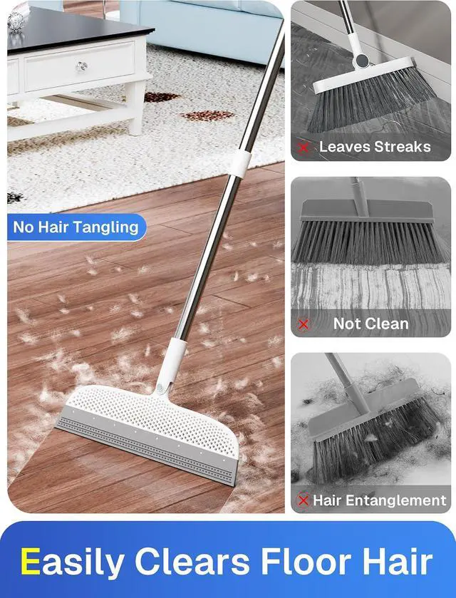 Alt view image 3 of 7 - Silicone Floor Squeegee, 180° Rotating Air Broom, Squeegee for Floor with a Long Handle, Magic Broom for Water and Pet Hair Removal on Bathroom Floors, Tile, Deck and Glass, Indoor Cleaning Tool