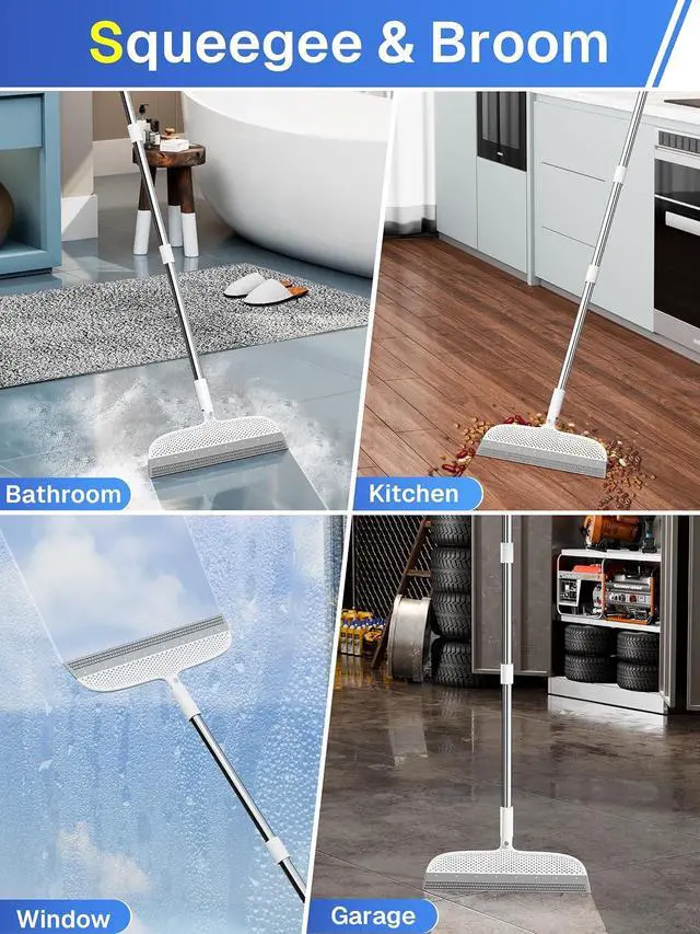 Alt view image 4 of 7 - Silicone Floor Squeegee, 180° Rotating Air Broom, Squeegee for Floor with a Long Handle, Magic Broom for Water and Pet Hair Removal on Bathroom Floors, Tile, Deck and Glass, Indoor Cleaning Tool