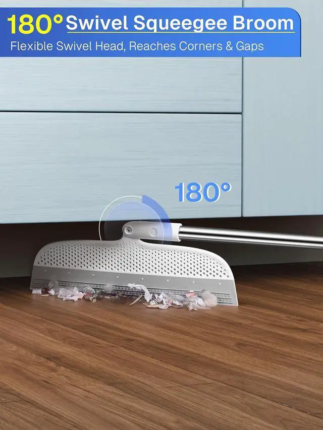 Alt view image 6 of 7 - Silicone Floor Squeegee, 180° Rotating Air Broom, Squeegee for Floor with a Long Handle, Magic Broom for Water and Pet Hair Removal on Bathroom Floors, Tile, Deck and Glass, Indoor Cleaning Tool