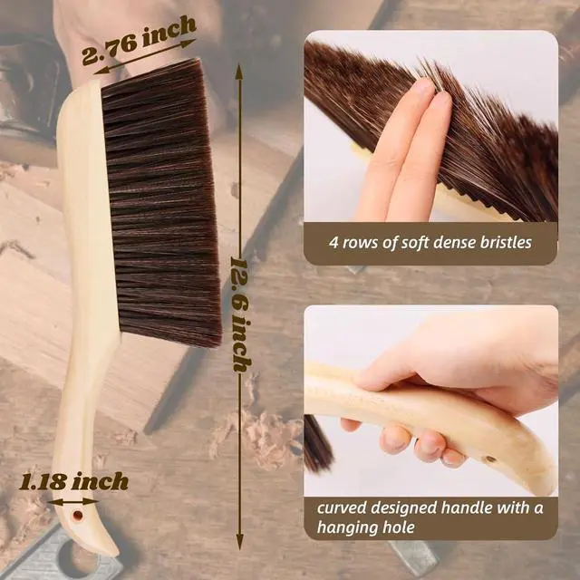Alt view image 3 of 6 - 2 Pieces Woooden Hand Broom Dust Brush with Wood Handle Whisk Broom Soft Bristle Brush Home Cleaning Brush for Counter Bed Sofa Car Fireplace Clothes Household Cleaning(Brown)