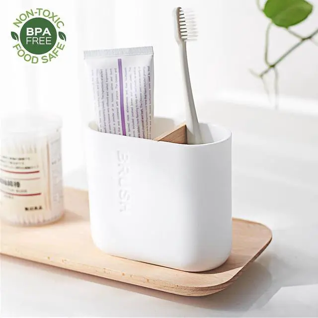 Alt view image 2 of 7 - Toothbrush Holders Bamboo Electric Toothbrush Holder Bathroom Storage Organizer Countertop for Toothpaste, Floss, Razor, White