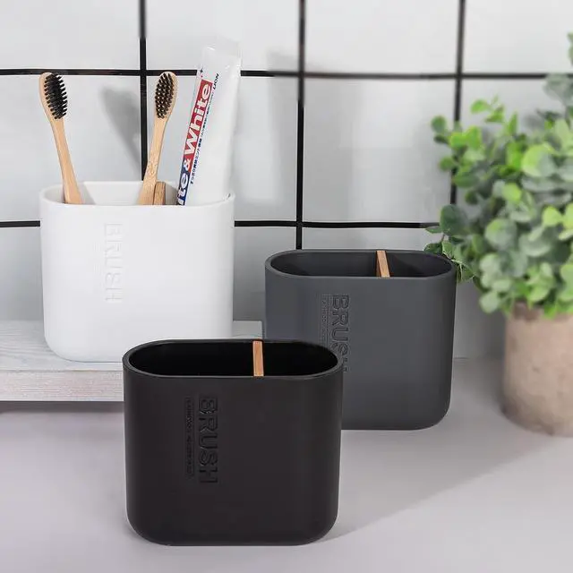 Alt view image 7 of 7 - Toothbrush Holders Bamboo Electric Toothbrush Holder Bathroom Storage Organizer Countertop for Toothpaste, Floss, Razor, White