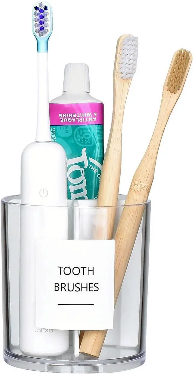 Main image of Acrylic Toothbrush Holder with White Divider for Bathroom Decor, Thick Clear Plastic Electronic Toothbrush and Toothpaste Organizer Stand for Bathroom Vanity, Bathroom Essentials Accessories