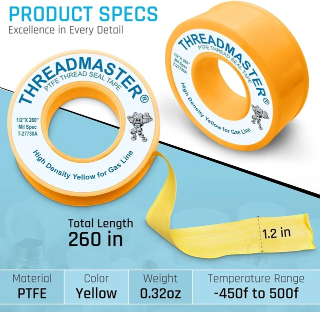 Alt view image 2 of 7 - TAPEWELL Yellow Gas Pipe Thread Sealant Tape - 1/2" Width, Pack of 1