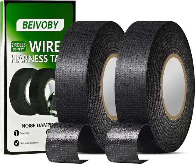 Main image of 2 Rolls High Temp Wire Harness Tape (100FT Total) OEM-Grade Automotive Cloth Fabric Tape for Engine Wiring Loom, Cable Protection & Noise Dampening