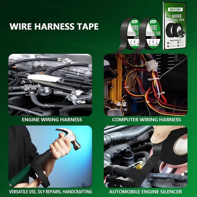 Alt view image 3 of 6 - 2 Rolls High Temp Wire Harness Tape (100FT Total) OEM-Grade Automotive Cloth Fabric Tape for Engine Wiring Loom, Cable Protection & Noise Dampening