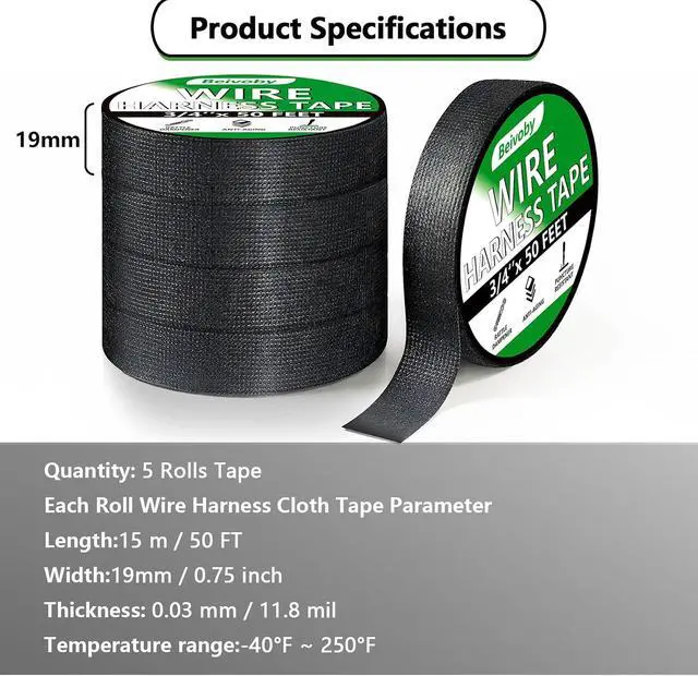 Alt view image 7 of 7 - 5 Rolls High Temp Wire Harness Tape (250FT Total) OEM-Grade Automotive Cloth Fabric Tape for Engine Wiring Loom, Electrical Cable Protection & Noise Damping - 3/4 in x 50 ft