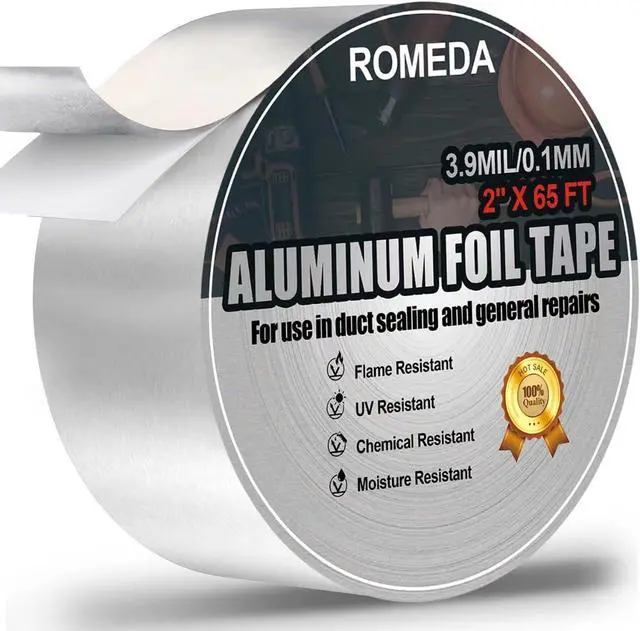 Main image of Romeda Aluminum Foil Tape, 2 inch x 65 Feet Foil Tape (3.9 mil), Silver Insulation Adhesive Metal Tape, High Temperature Heavy Duty HVAC Tapes for Ductwork, Dryer Vent, HVAC