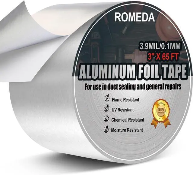 Main image of Romeda Aluminum Foil Tape, 3 inch x 65 Feet (3.9 mil), Insulation Adhesive Metal High Temperature Heavy Duty HVAC Tape, Silver for Ductwork, Dryer Vent, HVAC