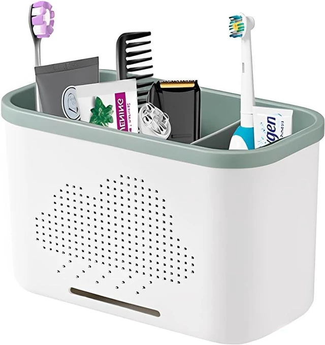 Main image of 3 Slots Toothbrush Holder and Toothpaste Holder with Drain Hole, Detachable Easy Cleaning Multi-Functional Organizer Caddy Storage for Bathroom Vanity Sink Kitchen (White+Green 3 compartments)