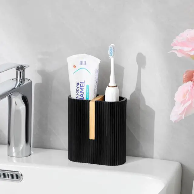 Alt view image 3 of 7 - Toothbrush Holders for Bathroom, Bamboo Electric Toothbrush Stand, Black