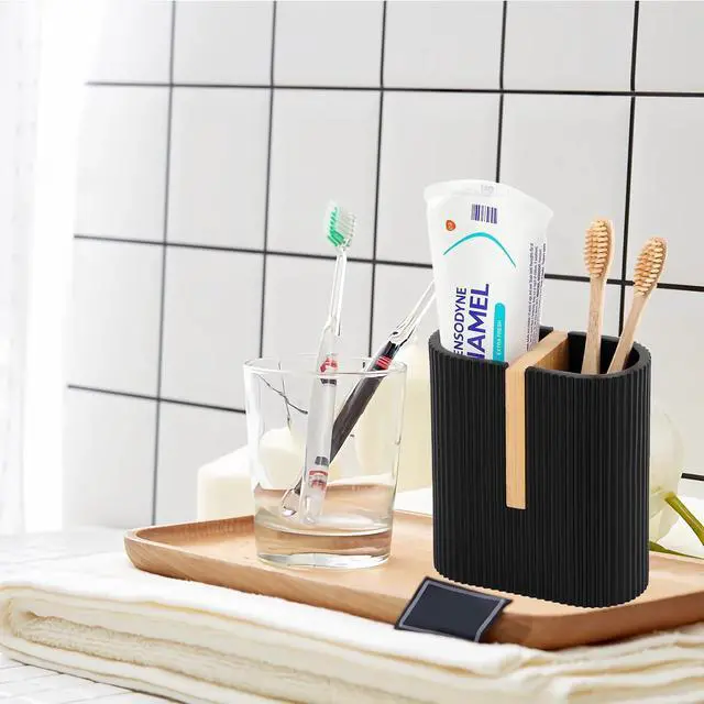 Alt view image 5 of 7 - Toothbrush Holders for Bathroom, Bamboo Electric Toothbrush Stand, Black