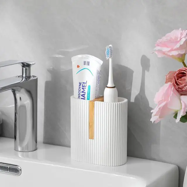 Alt view image 3 of 6 - Toothbrush Holders for Bathroom, Bamboo Electric Toothbrush Stand, White