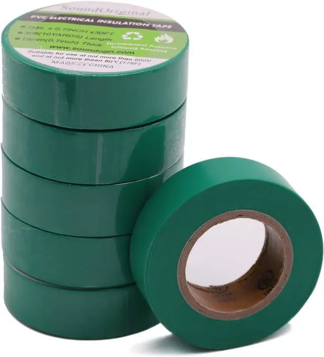 Main image of Electrical Tape 6 Pack 3/4-Inch by 30 Feet, Voltage Level 600V Dustproof, Adhesive for General Home Vehicle Auto Car Power Circuit Wiring Green (30Ft Green)