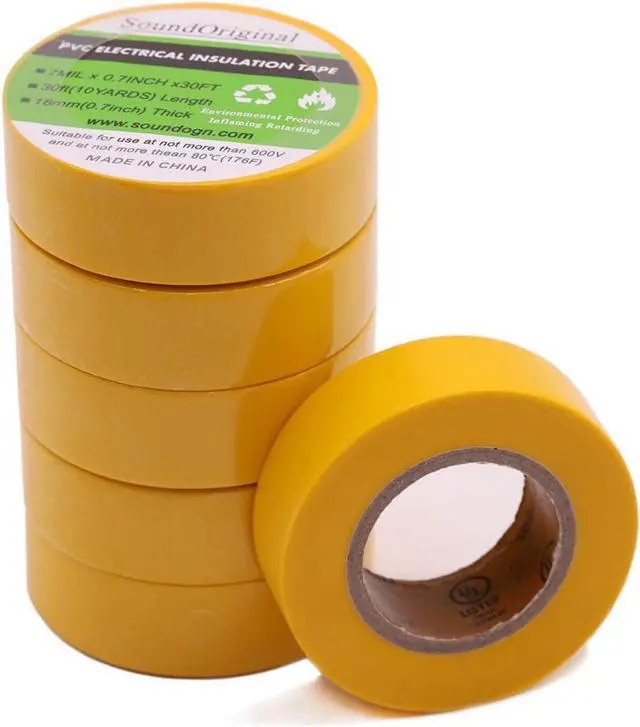 Main image of Electrical Tape Yellow 6 Pack 3/4-Inch by 30 Feet, Voltage Level 600V Dustproof, Adhesive for General Home Vehicle Auto Car Power Circuit Wiring Yellow