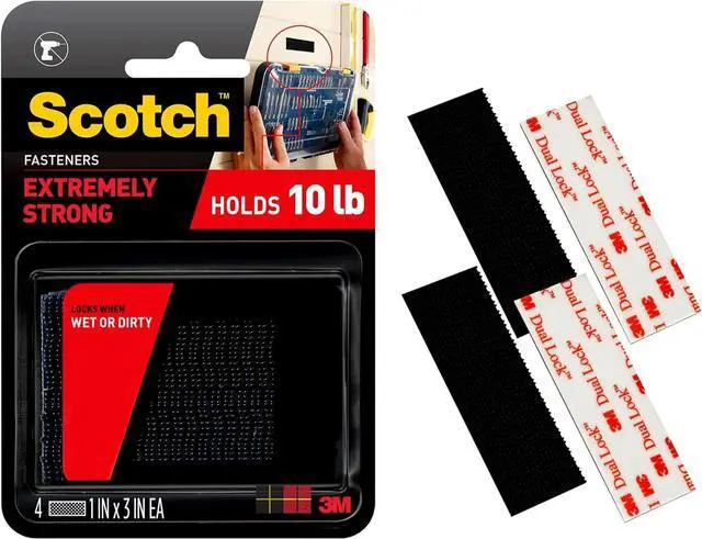 Main image of Scotch Extreme Interlocking Fasteners, 4 Strips, 1" x 3", Delivers Powerful Bond on Contact, Weather, Dirt & UV Resistant, 1 Set Holds 2 lbs., Designed with Reclosable Dual-Lock Technology (RF6731)