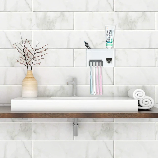 Alt view image 3 of 6 - LUEXBOX Self Adhesive Toothbrush Holders Wall Mounted, Multifunction Toothpaste Stand with Covers, Automatic Toothpaste Dispenser for Bathroom, Toothbrush Hanger Rack for Dorm, Cabinet