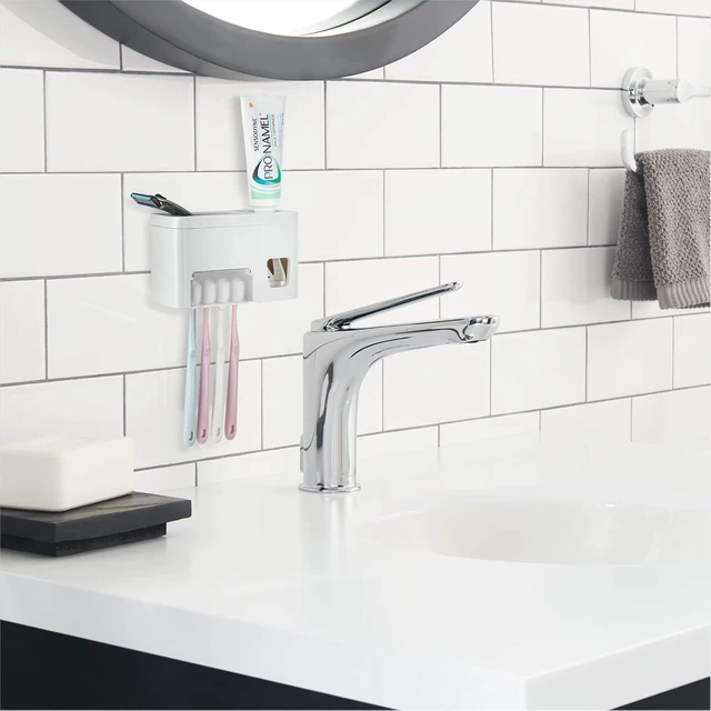 Alt view image 4 of 6 - LUEXBOX Self Adhesive Toothbrush Holders Wall Mounted, Multifunction Toothpaste Stand with Covers, Automatic Toothpaste Dispenser for Bathroom, Toothbrush Hanger Rack for Dorm, Cabinet