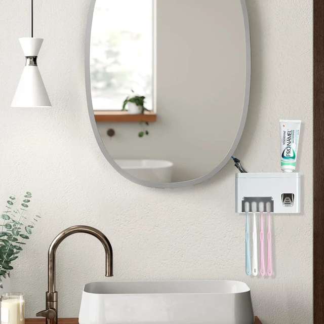Alt view image 5 of 6 - LUEXBOX Self Adhesive Toothbrush Holders Wall Mounted, Multifunction Toothpaste Stand with Covers, Automatic Toothpaste Dispenser for Bathroom, Toothbrush Hanger Rack for Dorm, Cabinet