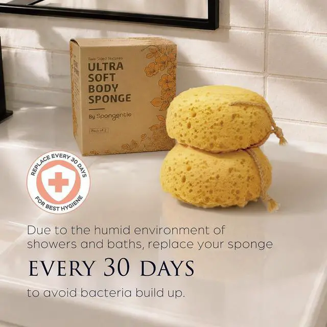 Alt view image 6 of 7 - Spongentle Loofah Sponge for Shower and Bathing, Bath Sponge with Dual Texture, Shower Pouf for Gentle and Deep Exfoliation, Large Size Body Scrubber for Men & Women, PU Foam, 37% More Lather, 2 Pack