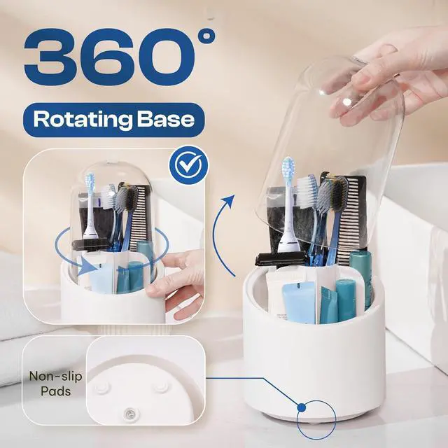 Alt view image 2 of 7 - Toothbrush Holder with Cover, Dustproof Toothbrush Holder for Bathroom Sink, Vanity and Bathroom Storage Organizer, Rotating Bathroom Counter Organizer (White)
