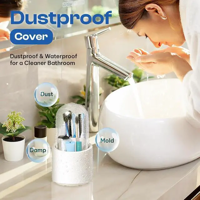 Alt view image 3 of 7 - Toothbrush Holder with Cover, Dustproof Toothbrush Holder for Bathroom Sink, Vanity and Bathroom Storage Organizer, Rotating Bathroom Counter Organizer (White)