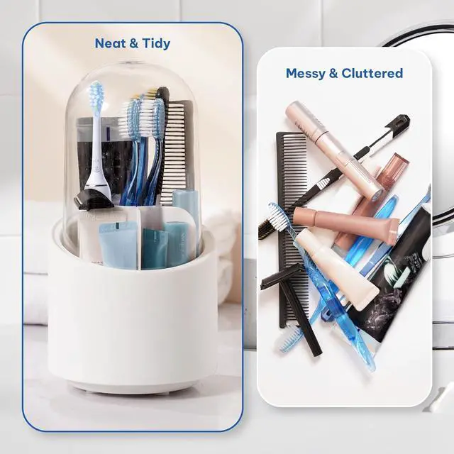 Alt view image 4 of 7 - Toothbrush Holder with Cover, Dustproof Toothbrush Holder for Bathroom Sink, Vanity and Bathroom Storage Organizer, Rotating Bathroom Counter Organizer (White)