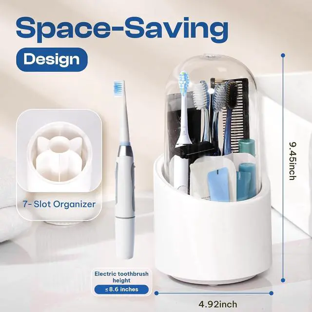Alt view image 6 of 7 - Toothbrush Holder with Cover, Dustproof Toothbrush Holder for Bathroom Sink, Vanity and Bathroom Storage Organizer, Rotating Bathroom Counter Organizer (White)