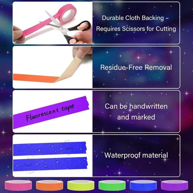 Alt view image 5 of 7 - 6 Pack Neon Gaffers Cloth Tape 0.6" x 16.5ft UV Blacklight Glow Tape