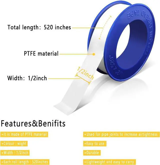 Alt view image 3 of 7 - VOTMELL 4 Rolls 1/2 Inch(W) X 520 Inches(L) Teflon Plumbers Tape,Pipe Sealing & Plumbing Thread Tape,PTFE Water Sealant Seal for Shower Head,White