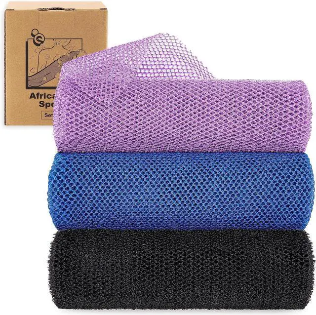 Main image of myHomeBody African Net Sponge, African Bath Sponge, Body Exfoliator Scrubber, Bath Washcloths, Exfoliating Net, Shower Back Scrubber, Set of 3, Dark Blue, Purple, Black