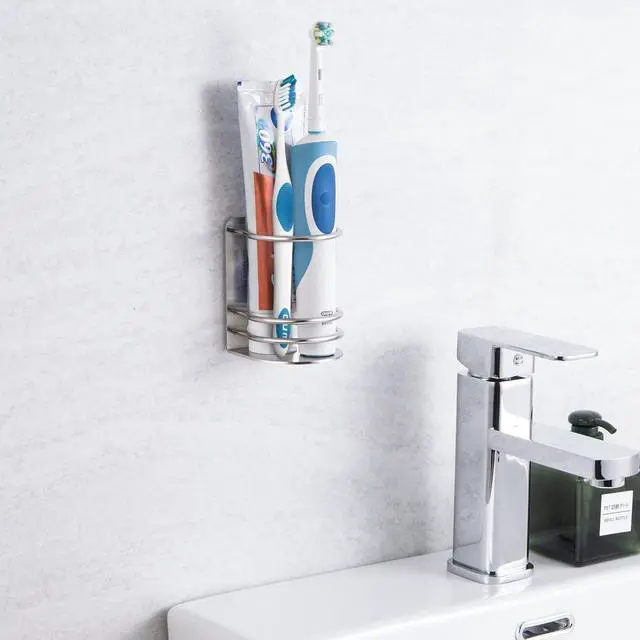 Alt view image 2 of 7 - Toothbrush Holder Wall Mounted, Bathroom Storage Stand for Razor, Toothpaste - Self Adhesive, Stainless Steel, Silver