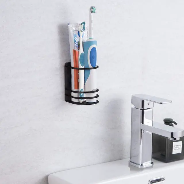 Alt view image 2 of 7 - Toothbrush Holder Wall Mounted, Bathroom Storage Stand for Razor, Toothpaste - Self Adhesive, Stainless Steel, Black