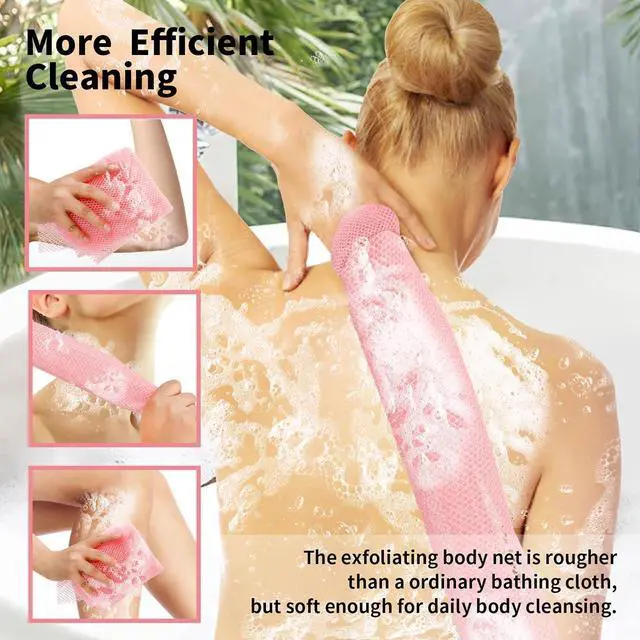 Alt view image 5 of 6 - FARMOGA African Bath Sponge Long Net Bath Sponge Exfoliating Net Shower Body Scrubber Back Scrubber Skin Smoother (3pcs Pink, Beige, Green)