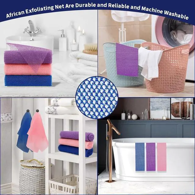 Alt view image 7 of 7 - FARMOGA African Exfoliating Net African Bath Sponge African Net Long Net Bath Sponge African Wash Net Shower Body Scrubber Back Scrubber Skin Smoother (3pcs Blue,Pink,Purple)