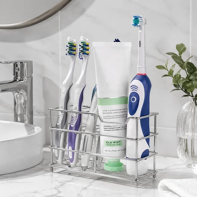 Alt view image 6 of 6 - Linkidea Stainless Steel Toothbrush Holder Stand for Shower, Bathroom, Wall Mount/Countertop 7 Slot Organizer for Manual Toothbrush, Compatible with Colgate Extra Clean, Oral-B CrossAction