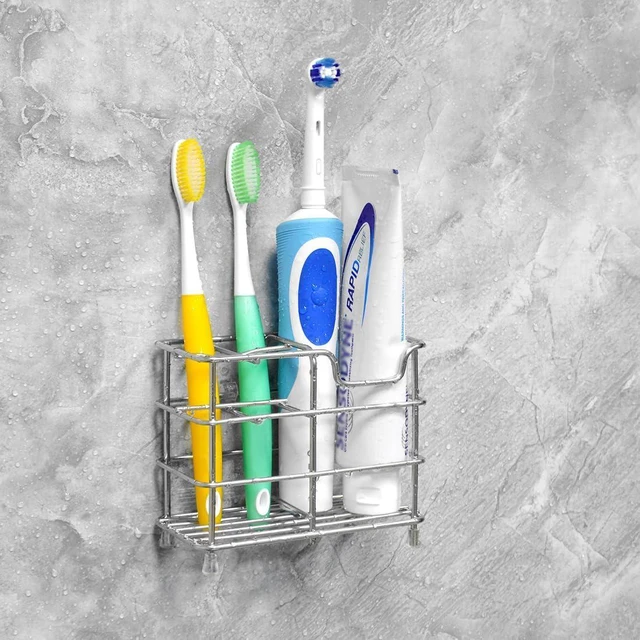 Alt view image 5 of 6 - Linkidea Wall Mount Toothbrush Holder for Bathroom, Stainless Steel Stand for Electric Toothbrush, Toothpaste, Razor, Self Adhesive/Countertop 5 Slots Organizer (Chrome)