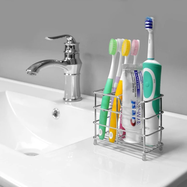 Alt view image 6 of 6 - Linkidea Wall Mount Toothbrush Holder for Bathroom, Stainless Steel Stand for Electric Toothbrush, Toothpaste, Razor, Self Adhesive/Countertop 5 Slots Organizer (Chrome)