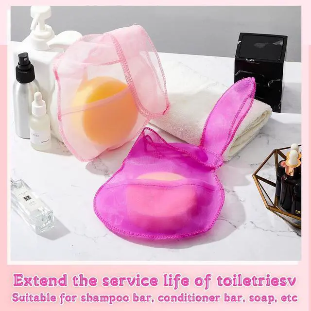 Alt view image 3 of 6 - Nuanchu 2 Pcs Shampoo Bar Holder Bag Soap Saver Bag Beauty Shampoo Conditioner Bar Pouch Rabbit Shape Travel Soap Holder Loofah Bubble Foam Net Savers(Light Pink, Rose Pink,S)