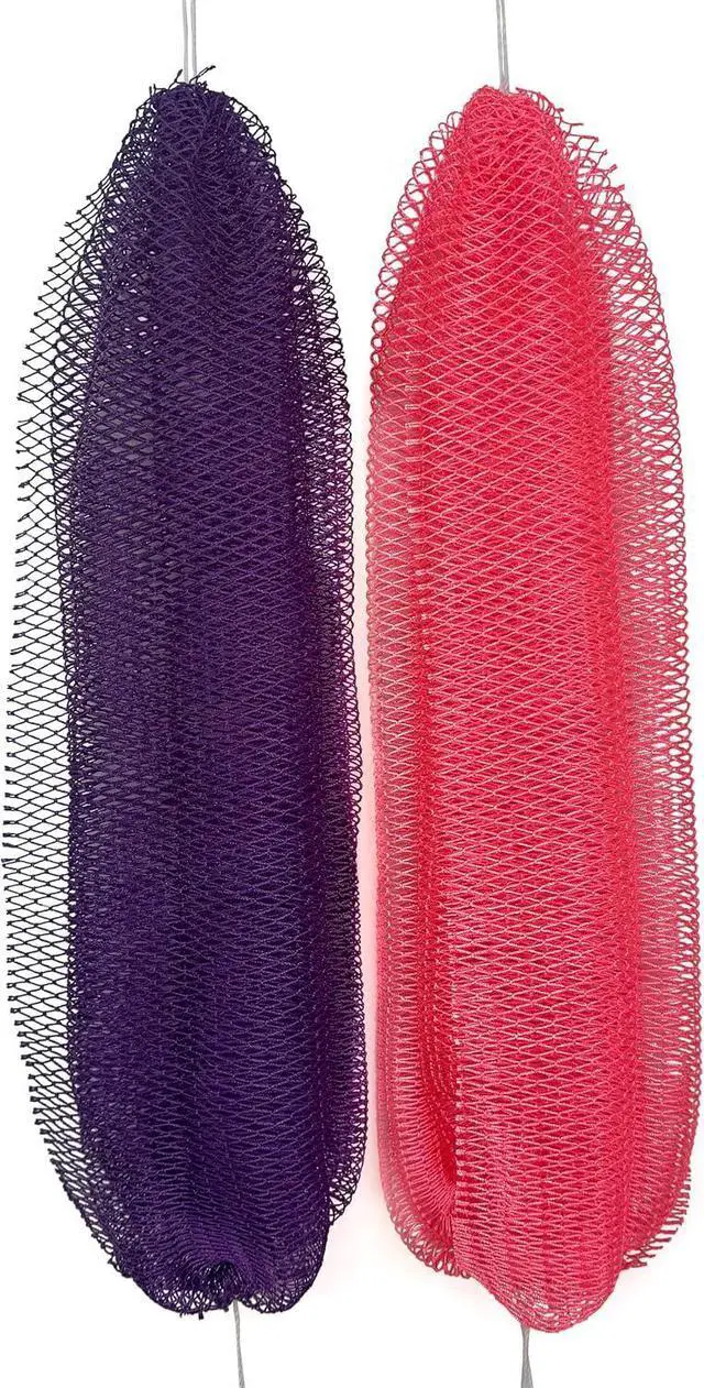 Main image of African Net Sponge Authentic, 2 Pieces African Exfoliating Net Sponge with Knots, Quick-Drying Body Scrub Net, Bath Washcloth Loofah for Women and Men (Purple+Pink)