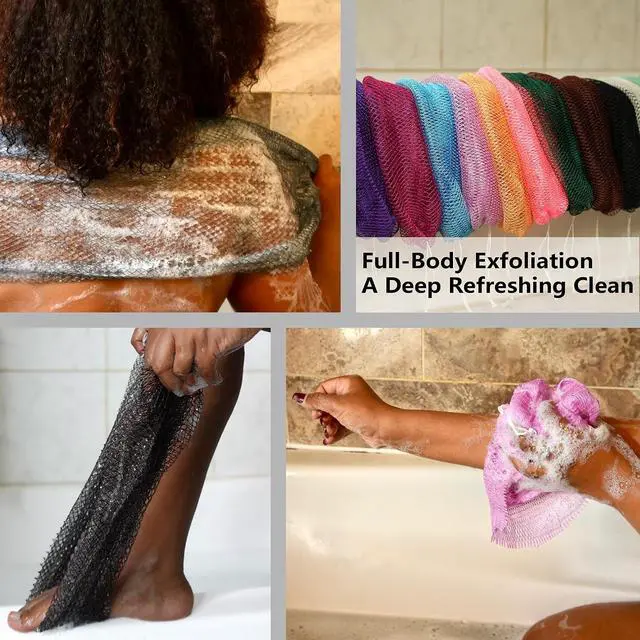 Alt view image 5 of 7 - African Net Sponge Authentic, 2 Pieces African Exfoliating Net Sponge with Knots, Quick-Drying Body Scrub Net, Bath Washcloth Loofah for Women and Men (Seafoam+Lavender Pink)