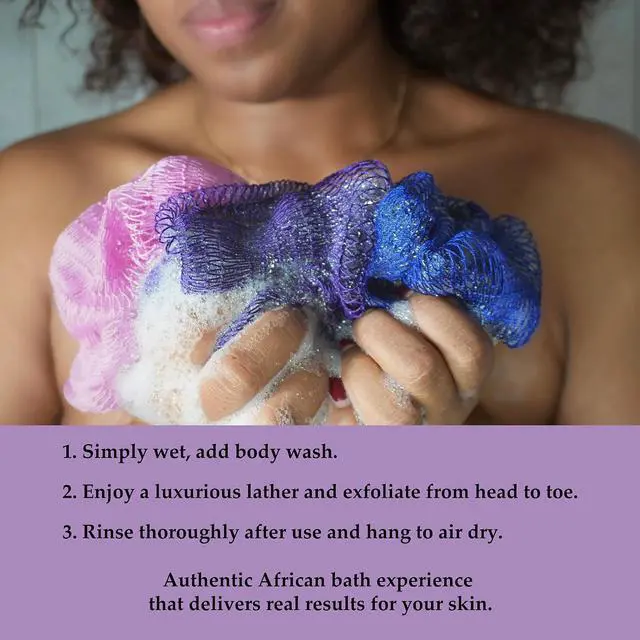 Alt view image 7 of 7 - African Net Sponge Authentic, 2 Pieces African Exfoliating Net Sponge with Knots, Quick-Drying Body Scrub Net, Bath Washcloth Loofah for Women and Men (Seafoam+Lavender Pink)