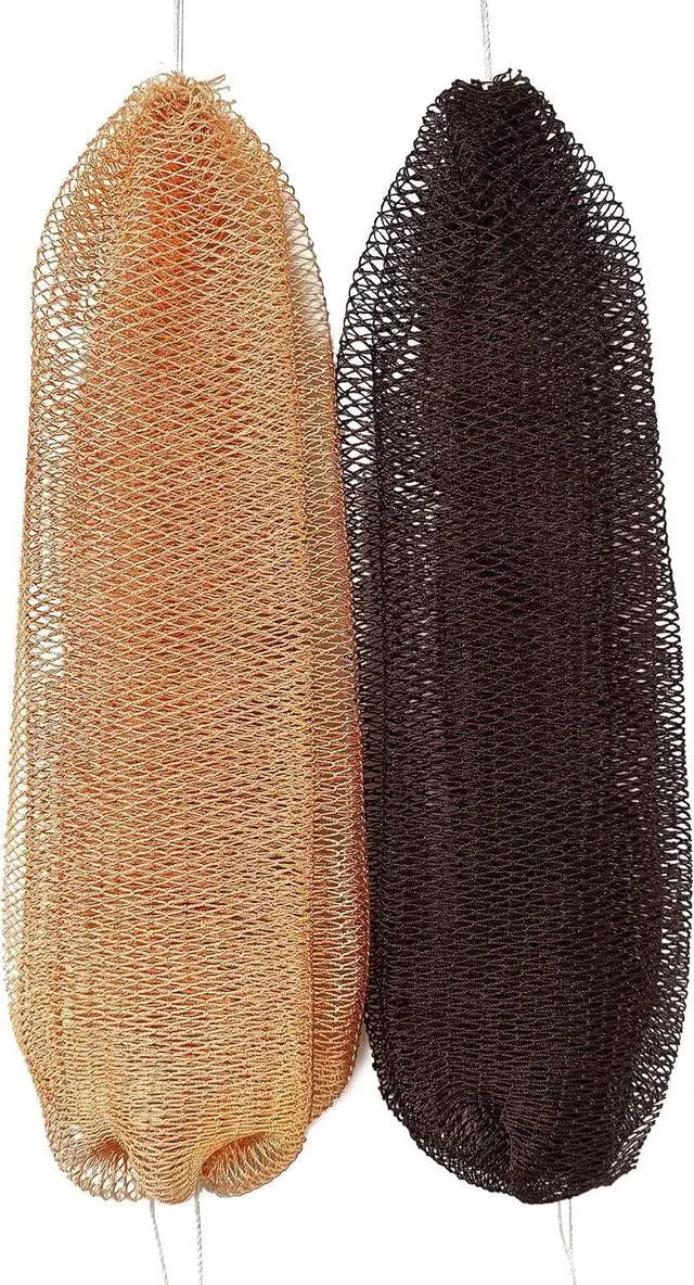 Main image of African Net Sponge Authentic, 2 Pieces African Exfoliating Net Sponge with Knots, Quick-Drying Body Scrub Net, Bath Washcloth Loofah for Women and Men (Brown+Champagne Gold)