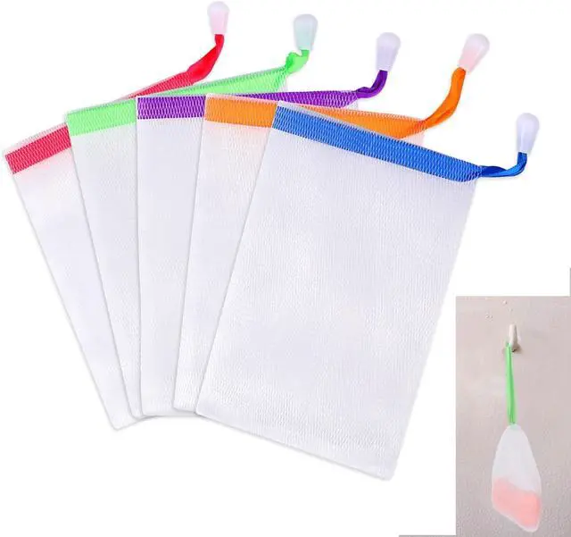 Main image of Mozeat Lens 5 PCS Soap Bags Handmade Soap Bubble Mesh Bags Exfoliating Soaps Saver Pouch Net Bag with Drawstring Body Facial Cleaning Tool for Bath & Shower (Assorted Colors)