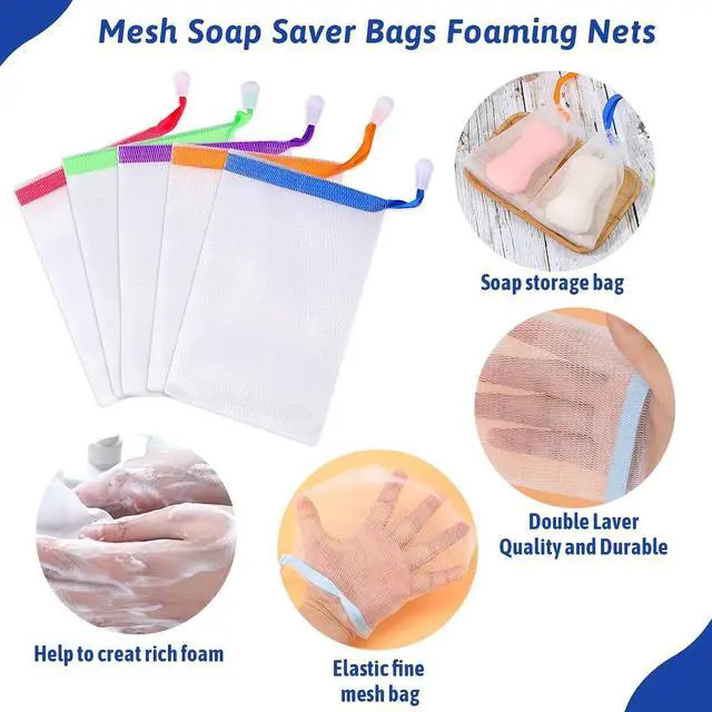 Alt view image 5 of 7 - Mozeat Lens 5 PCS Soap Bags Handmade Soap Bubble Mesh Bags Exfoliating Soaps Saver Pouch Net Bag with Drawstring Body Facial Cleaning Tool for Bath & Shower (Assorted Colors)