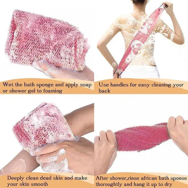 Alt view image 2 of 7 - African Net Sponge Authentic - 3 Pcs Exfoliating Net Sponge with Mit Engmaschigem Design for Body & Back Scrubber, 31.5-Inch Long Bath Sponge for Shower, Skin Smoothing Washcloth (Pink, Yellow, White)