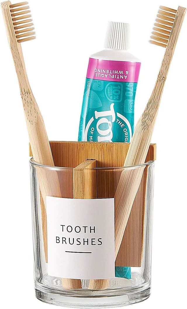 Main image of Glass Toothbrush and Toothpaste Holder with Bamboo Divider for Bathroom Countertop, Toothbrush Organizer Stand for Bathroom Vanity Countertops - 1 Pack