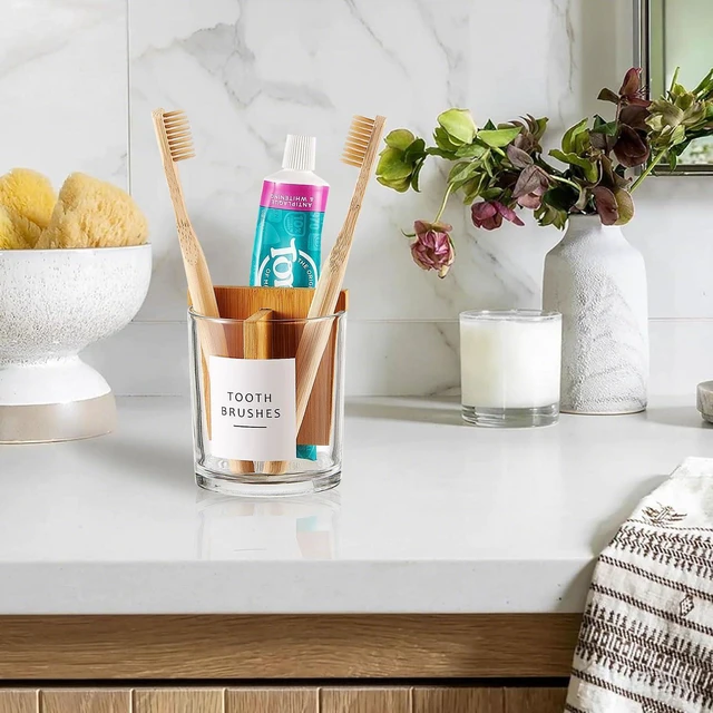 Alt view image 2 of 7 - Glass Toothbrush and Toothpaste Holder with Bamboo Divider for Bathroom Countertop, Toothbrush Organizer Stand for Bathroom Vanity Countertops - 1 Pack