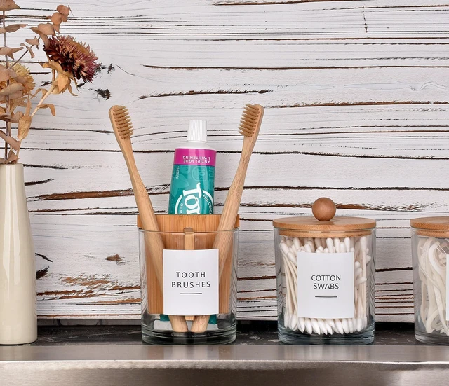 Alt view image 5 of 7 - Glass Toothbrush and Toothpaste Holder with Bamboo Divider for Bathroom Countertop, Toothbrush Organizer Stand for Bathroom Vanity Countertops - 1 Pack